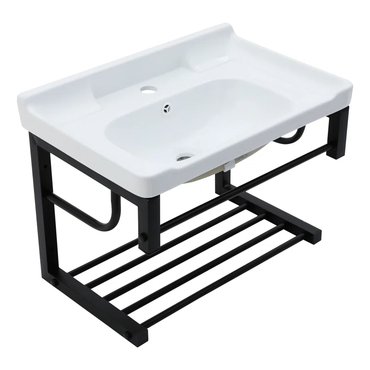 Lordear 23.75" L x 15.75" W Wall Mounted Bathroom Sink with Towel Rack White Ceramic Bathroom Wall Hung Sink LBS2315GP