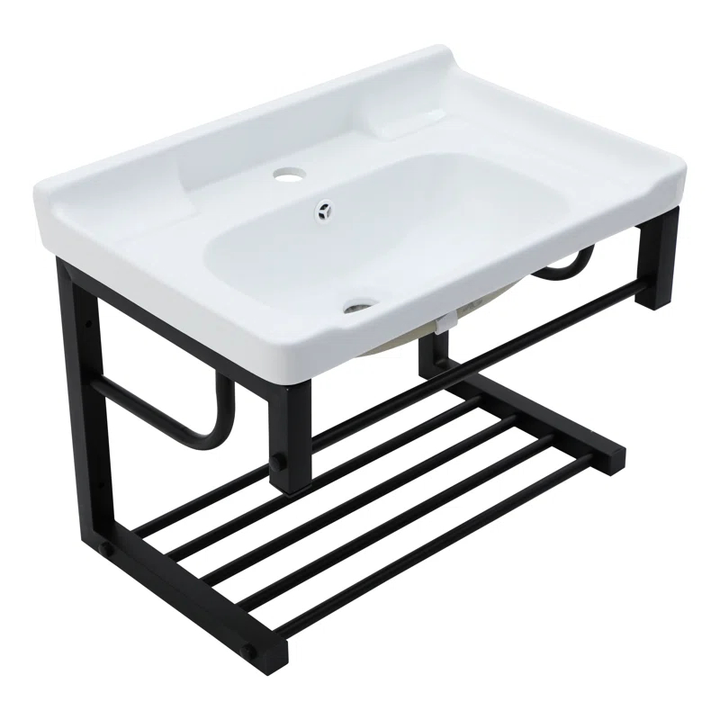 Lordear 23.75" L x 15.75" W Wall Mounted Bathroom Sink with Towel Rack White Ceramic Bathroom Wall Hung Sink LBS2315GP