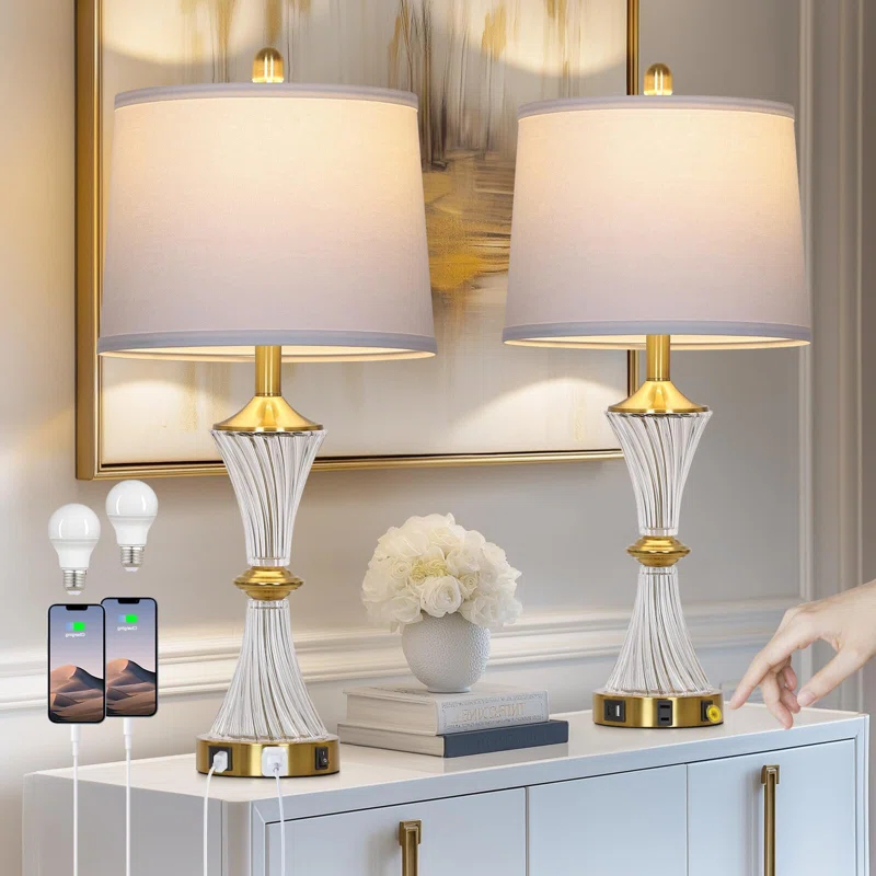 Rosdorf Park Crystal Glass Table Lamp Set of 2,Modern Bedroom Lamps