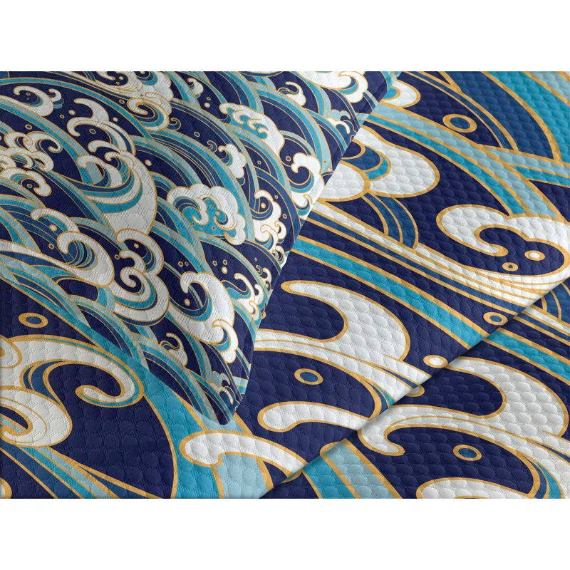 Ambesonne Ambesonne Nautical Bedspread Set Ocean Waves Pattern Blue and White