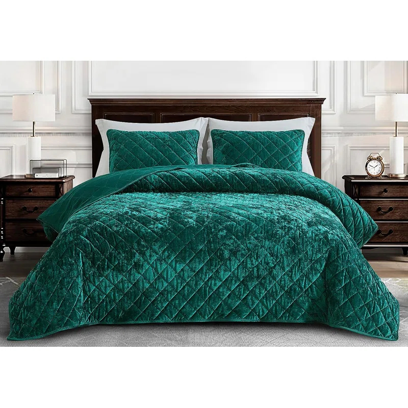 Chezmoi Collection Diamond Stitch Reversible Plush Distressed Velvet Quilt Set