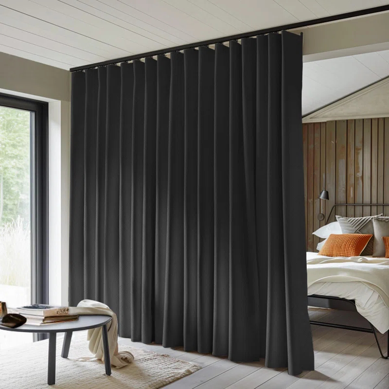 Hokku Designs Room Divider Curtains Total Blackout Privacy Curtain Panel Room Thermal Insulated Noise Reduction Curtain For Bedroom Window Living Room Ceiling Track Curtain W 10 Ft × H 8Ft Black.