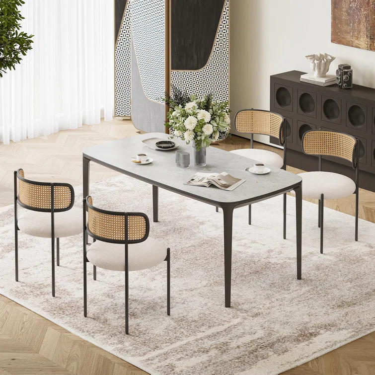 Bay Isle Home™ Kitchen Chairs Set Of 2, Mid-Century Modern Dining Chairs,Kitchen Dining Room Chairs, Rattan Backrest Round Upholstered Dining Chairs,Beige