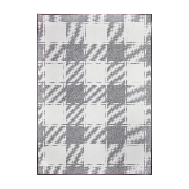My Magic Carpet Buffalo Plaid Grey And White Plaid Flatweave Brown/Ivory Washable Area Rug | Wayfair