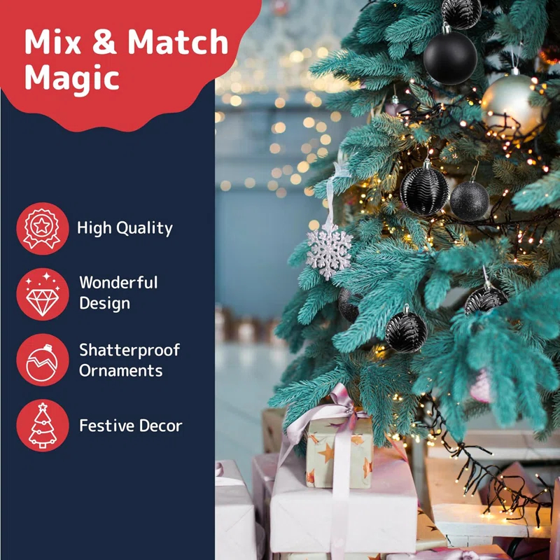AMIBZ 36-Piece Shatterproof Black,Christmas Balls Set With Hanging Loops For Christmas Tree Decorations