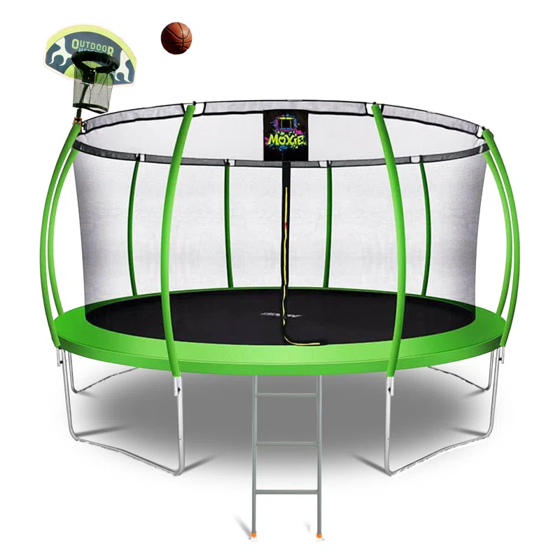 Moxie 15 FT Outdoor Trampoline Set w/ Safety Enclosure, includes Basketball Hoop with Ball & Pump & Ladder