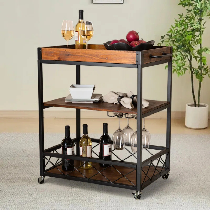 Livi Homes Paloma Mobile Metal Bar Cart with Stemware Rack in Vintage Rustic Industrial Oak Brown and Black