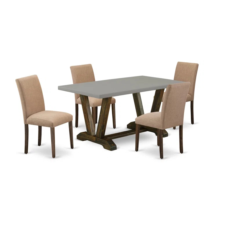 Red Barrel Studio® 5-Piece Dining Table Set Includes a Cement Wood Table and 4 Light Sable Linen Fabric Padded Chairs - Distressed Jacobean Finish