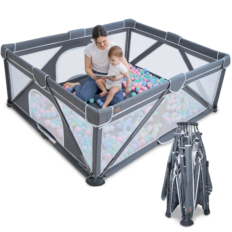 Yobear Foldable Baby Playpen, Yobear Playpen For Babies And Toddlers With 50 Pcs Ocean Balls & 2 Handles, Indoor & Outdoor Kids Safety Play Pen Area, Portable Travel Play Yard