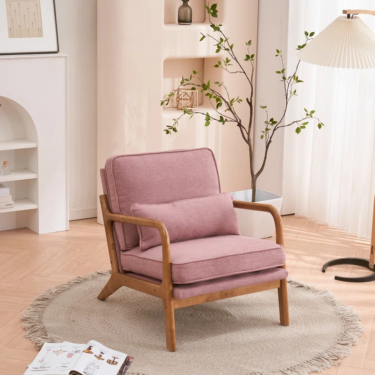 George Oliver Lemley Mid Century Solid Wood Accent Chair Upholstered Armchair with an Extra Pillow