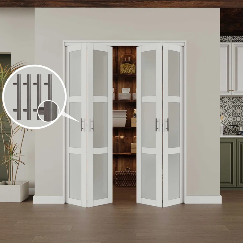 CHIC MODE Double Bifold Doors 3 Lite Frosted Glass Solid Manufactured Wood Prefinished Folding Door