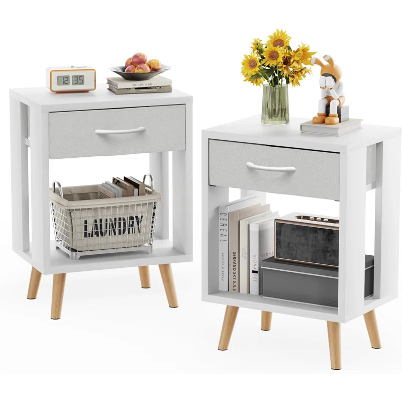 17 Stories Nightstands Set Of 2 With Fabric Storage Drawer And Open Wood Shelf, Side Table With Storage For Bedroom, Bedside Tables - 23.7" H