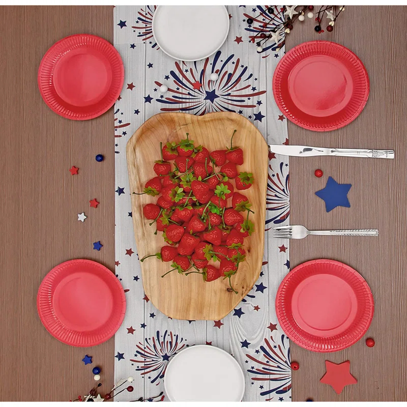 The Holiday Aisle® Fireworks Table Runner 4Th Of July Patriotic Memorial Day Independence Day Holiday Kitchen Dining Table Decoration,Holiday Burlap Table Cover, 13 X 70 Inch, Americana Stars, Red, White, Blue.