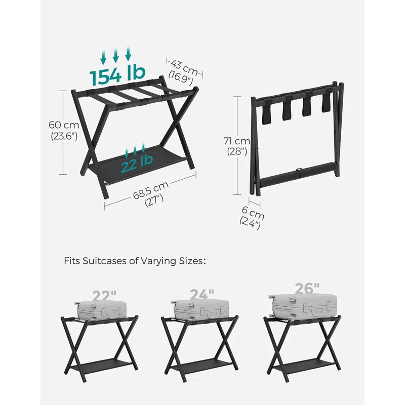 BINO Luggage Rack For Guest Room, Suitcase Stand With Storage Shelf, Steel Frame, Foldable For Easy Storage, Hotel, Bedroom, Black