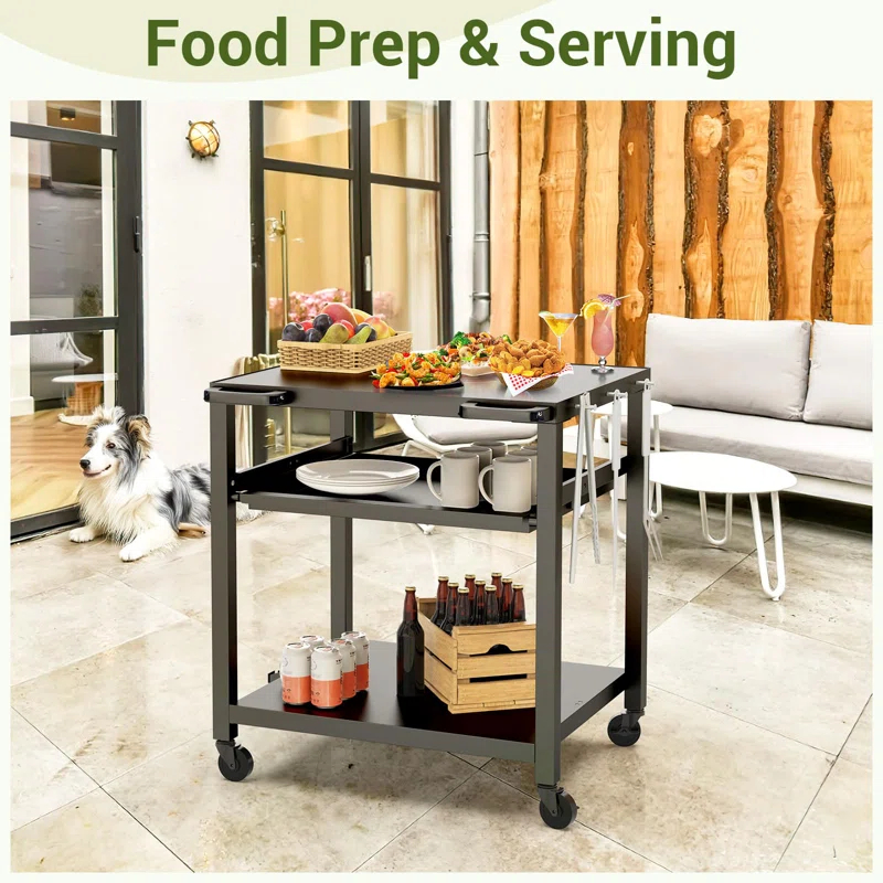 Hokku Designs Outdoor Pizza Oven & Grill Prep Table With Rolling Cart - 24"X30" Metal Top, 3-Layer Drawer Storage
