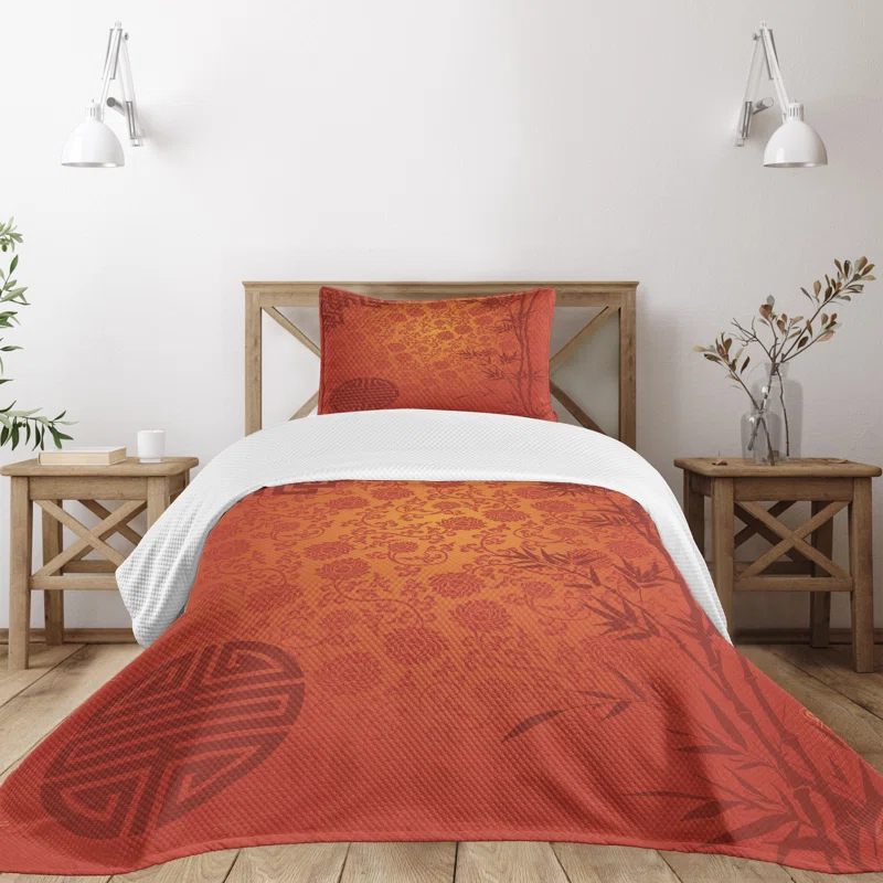 Ambesonne Chinese Bedspread Set Traditional Nature Art Pale Orange Burgundy