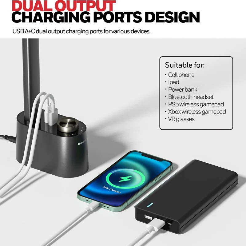 UNIVERSAL WINDOW SOLUTIONS LED Desk Lamp With USB Charging Ports HWT-H01 - Stepless Dimmable Eye Caring Desk Light For Home Office Bedroom Bedside College Dorm, Foldable Table Lamp Reading Lamp