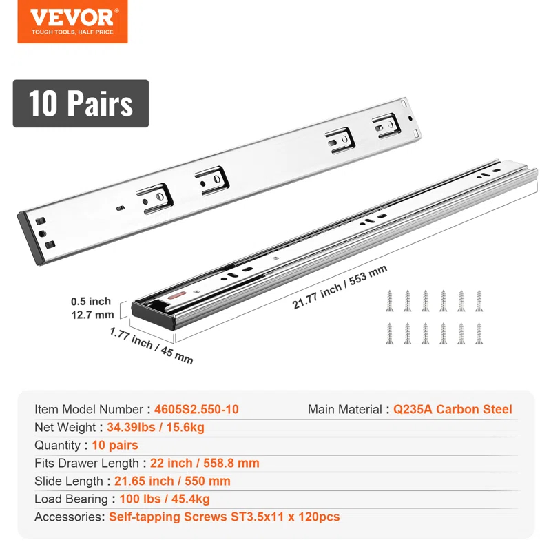 VEVOR Full Extension 1.77'' Soft Close Side Mount Metal Drawer Slide (Set of 10)