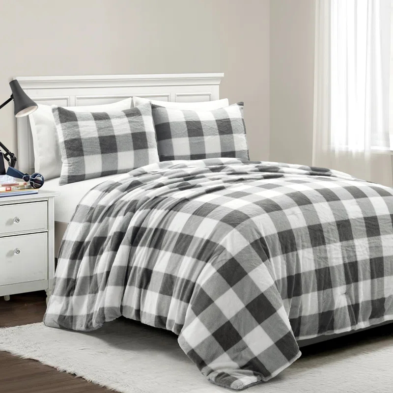 Plaid Faux Fur Microfiber 2 Piece Comforter Set (Set of 2)