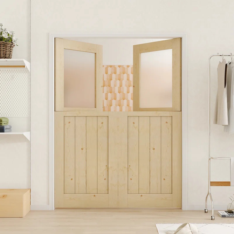 CHIC MODE Interior Dutch Door - Half Frosted Glass Split Door Slab, Modern Style Farmhouse Closet Door, Natural Pine Wood(Not Include Door Hinges)