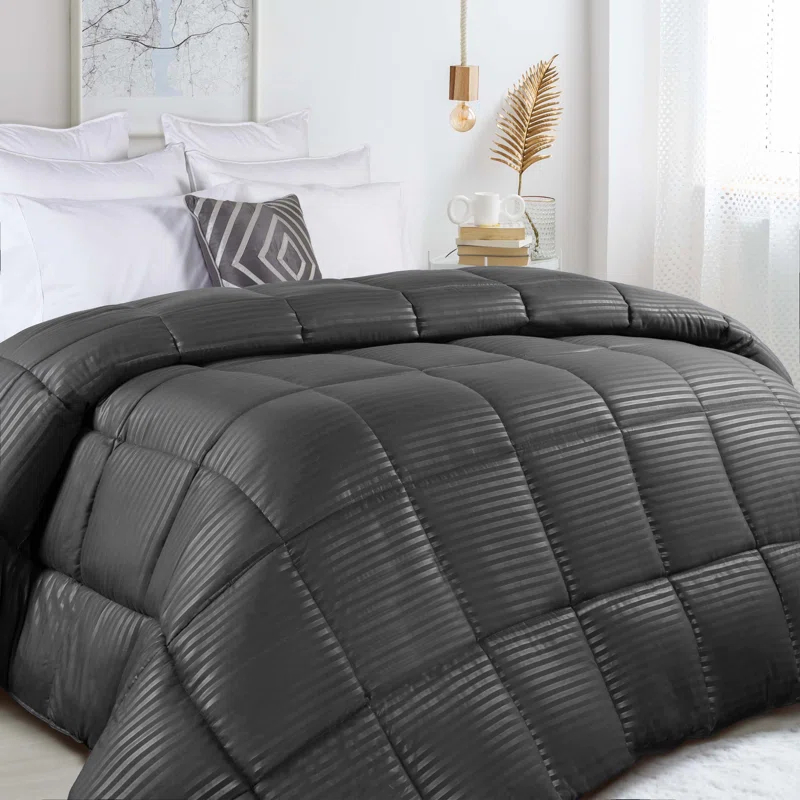Superior Striped Reversible Box-Quilt Brushed Microfiber Medium Weight Down Alternative Comforter