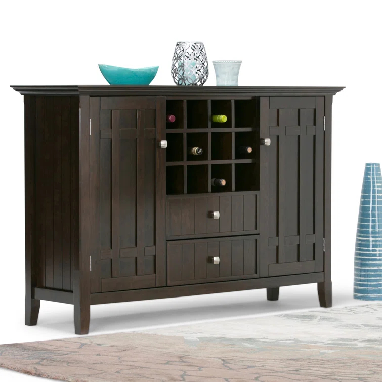 Simpli Home Bedford 54"W Solid Wood Sideboard Buffet and Wine Rack, 2 Drawers, and 2 Cabinets