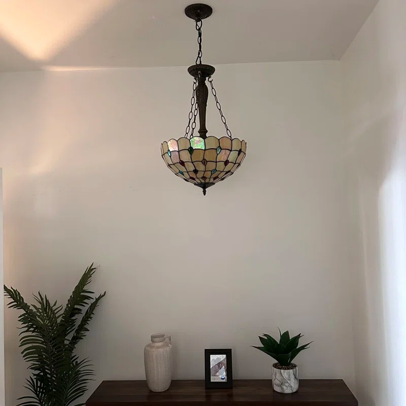 Fleur De Lis Living Spinks Tiffany Pendant Lights Gold Stained Glass Crystal Beans LED Bulbs Included 16"W*16"D*60"H