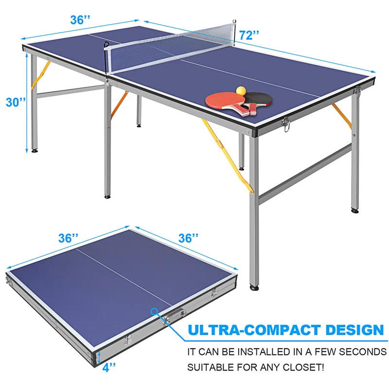 ALPHANEO 6Ft Mid-Size Table Tennis Table Foldable  And  Portable Ping Pong Table Set For Indoor  And  Outdoor Games With Net, 2 Table Tennis Paddles And 3 Balls