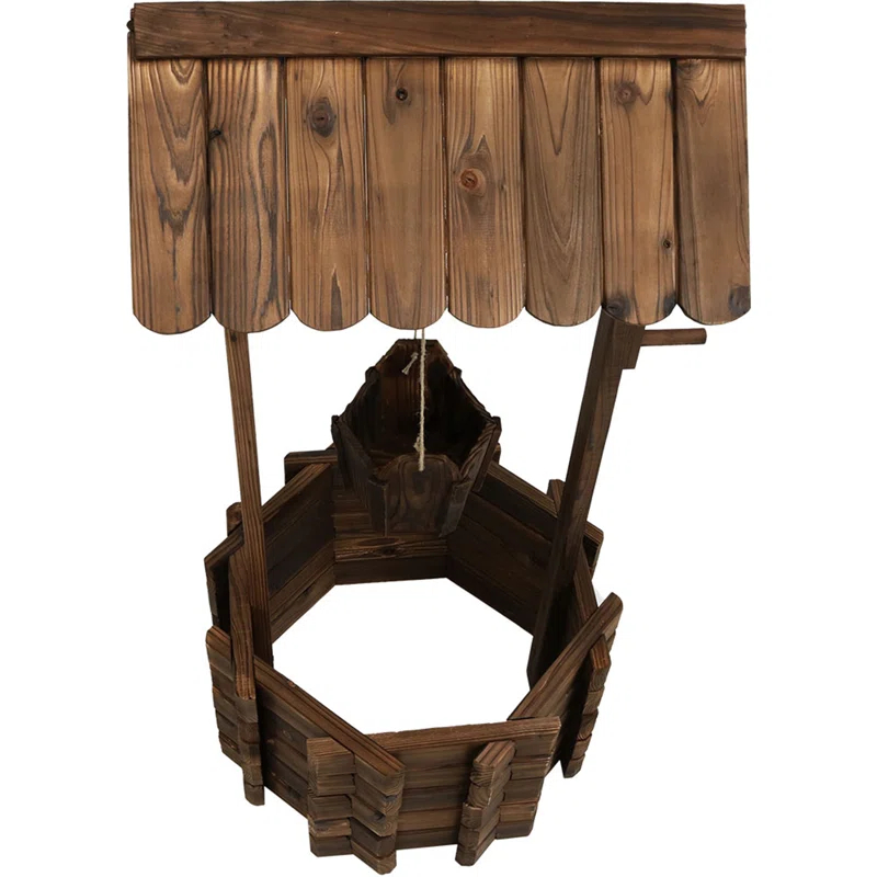 SunnyDaze Decor Wishing Well 24.5" x 22" x 45" Octagon Brown Wooden Outdoor Planter with Bucket
