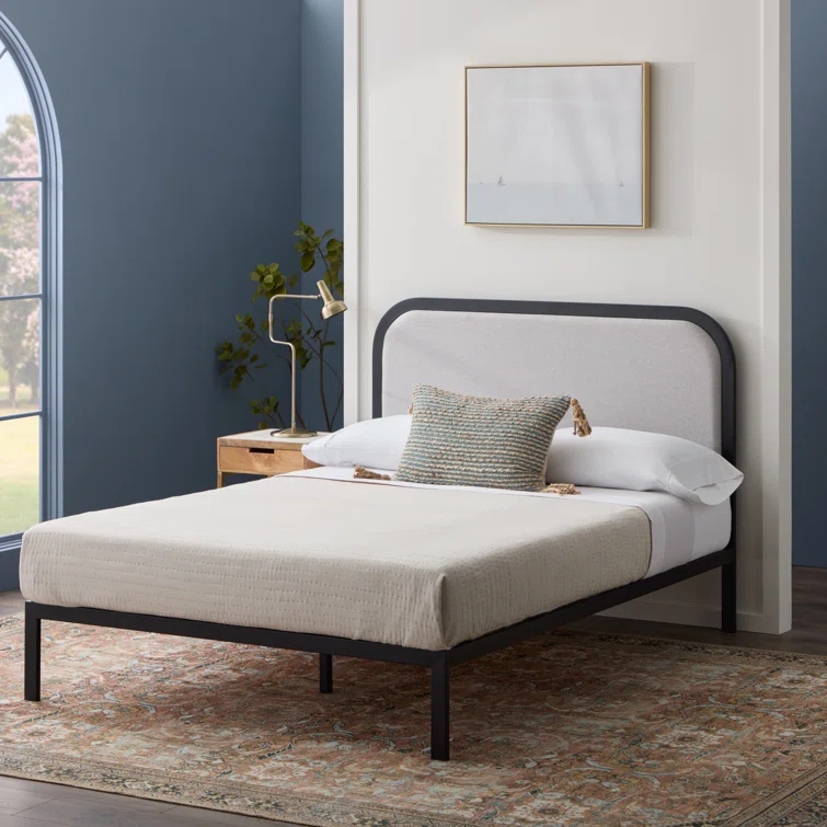 Brookside Metal Bed Frame with Rounded Upholstered Headboard