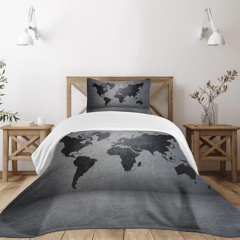 Ambesonne Ambesonne Dark Grey Bedspread Set World Map on Wall Grey Black