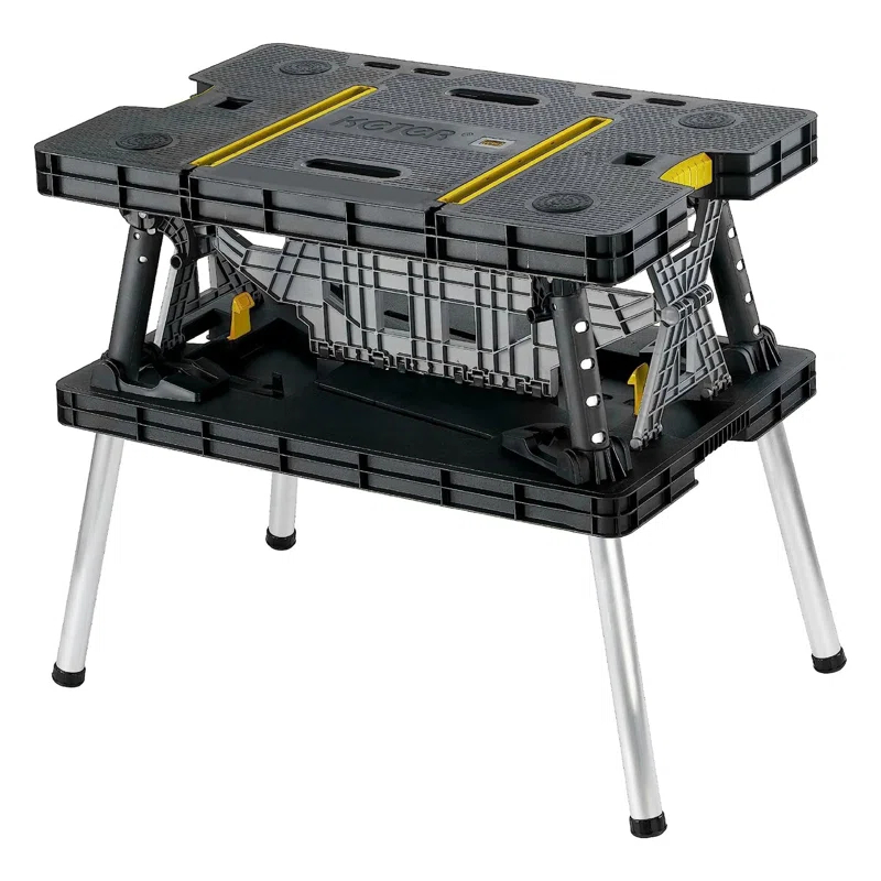 Keter Folding Portable Workbench Sawhorse with (2) 12" Clamps, Black and Yellow