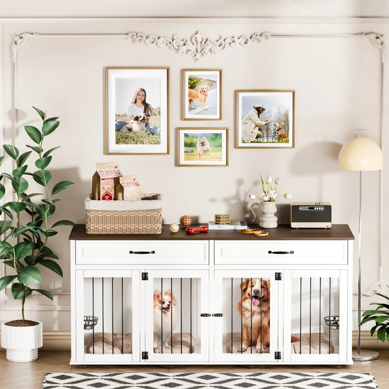 Tucker Murphy Pet™ 71" Large Dog Crate Furniture Style W/2 Drawers  & Reversible Food Bowls, 8 360° Lockable Wheels