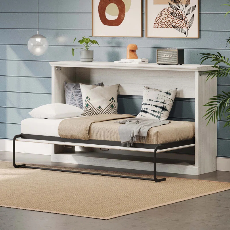 Impact Outdoor Twin Size Horizontal Murphy Bed, Hideaway Wall Bed, Folding Into Cabinet, Space Saving Furniture For Multipurpose Guest Room, Home Office, Rustic White