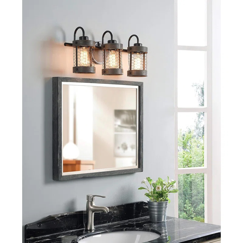 Co-t Kenroy Home Industrial Farmhouse 3-Light Bath Vanity Fixture With Chicken Wire Mesh Shades & Distressed Wood Accents