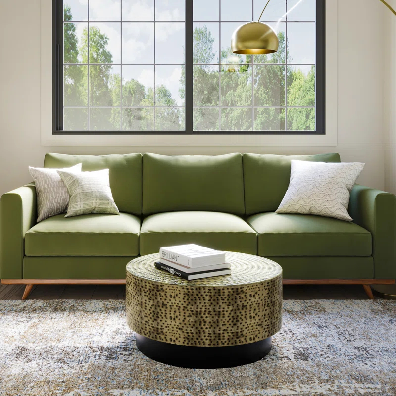 Simpli Home Montrose 30"W Antique Gold and Black Metal Modern Industrial Round Coffee Table with Hammered Texture, Fully Assembled