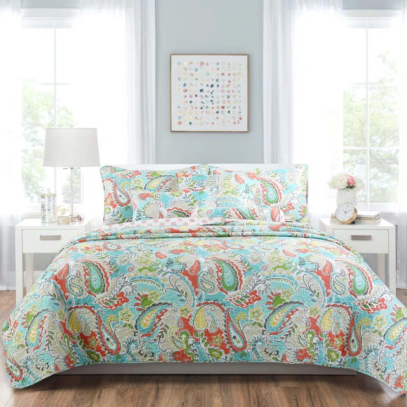 Cozy Line Home Fashion Mirage Teal/Coral/Green Microfiber Reversible 3 Piece Quilt Set & Reviews | Wayfair