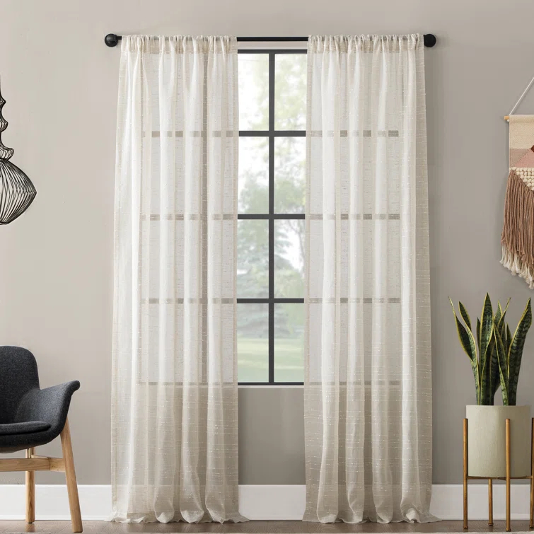 Clean Window Textured Slub Anti-Dust Striped Semi-Sheer Rod Pocket Curtain Panel