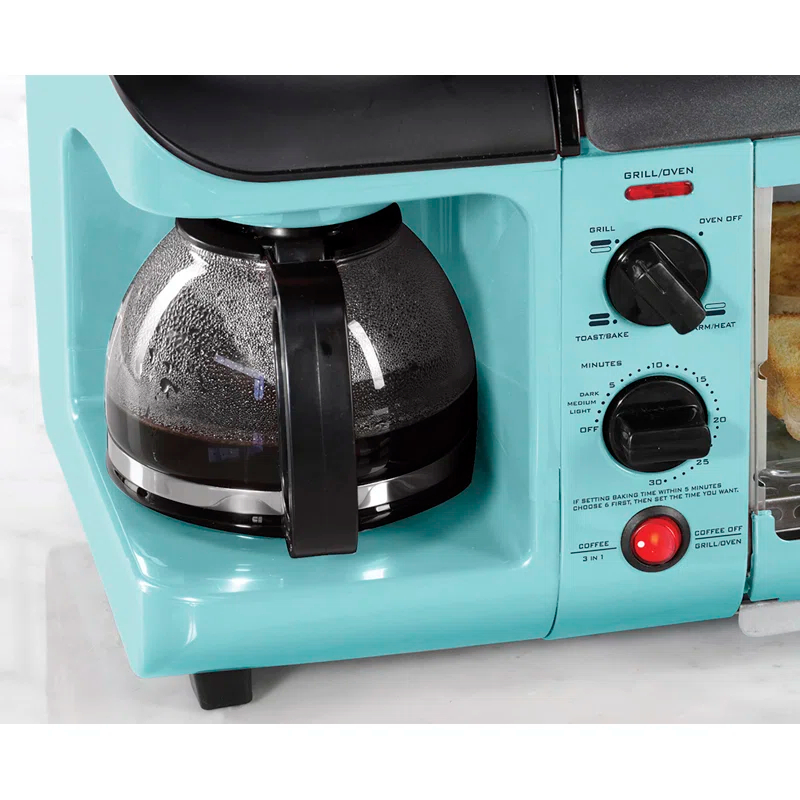 Nostalgia Retro 3-in-1 Family Size Electric Breakfast Station, Coffeemaker, Griddle, Toaster Oven, Aqua