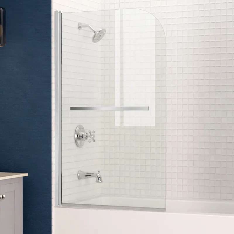 Myth 28 in. W x 56 in. H Hinged Frameless Tub Door with Tsunami Guard Technology