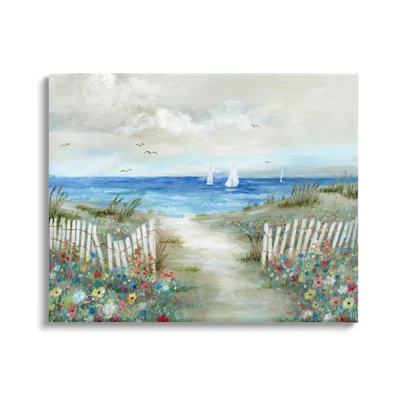 Stupell Industries " Tranquil Beachside Flower Meadow Ocean Sailboats Scene " by Nan Painting Print