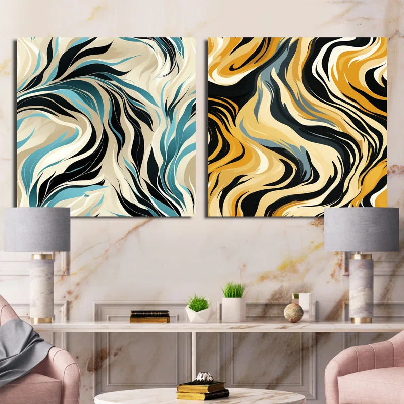 Teal And Cream Natures Whispers - Abstract Square Collage Set Of 2