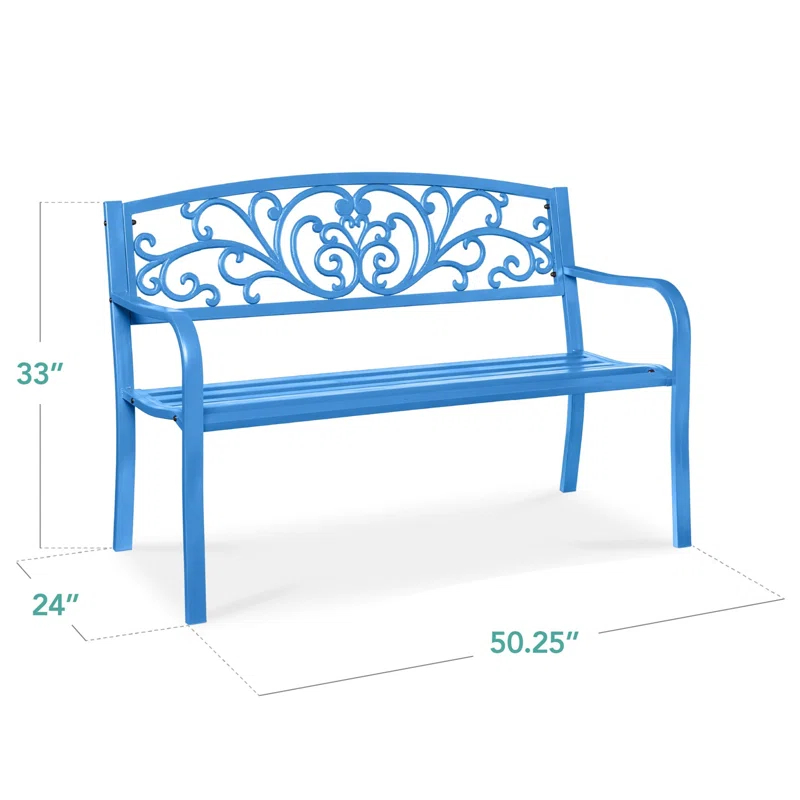 World Menagerie Outdoor Steel Bench with Floral Backrest & Slatted Seat, Marigold for Garden, Patio, Porch, Lawn, and Deck