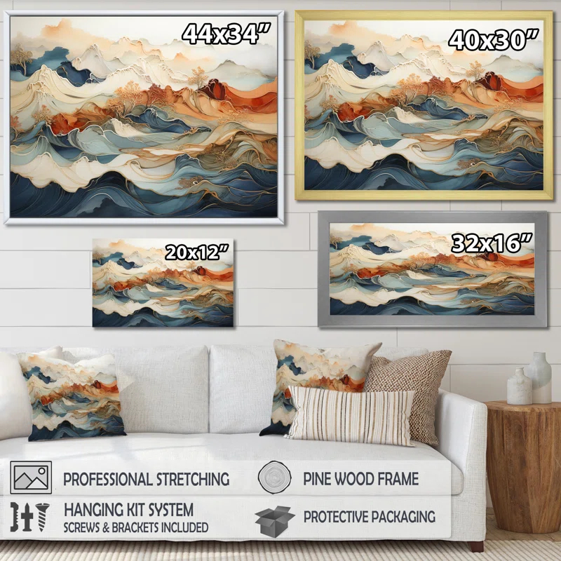 Design Art Abstract Orange And Blue River Ink III - Wall Art Print On Canvas