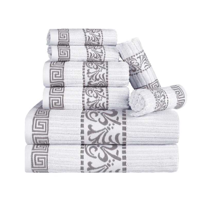 Superior Athens Cotton Medium Weight Floral Border Greek Key Trim 8 Piece Assorted Towel Set by Superior