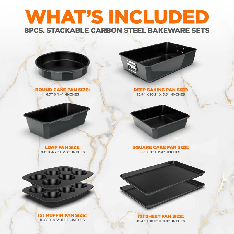 NutriChef 8-Piece Nonstick Stackable Bakeware Set - Pfoa, Pfos, Ptfe Free Baking Tray Set W/ Non-Stick Coating, 450°F Oven Safe, Round Cake, Loaf, Muffin, Wide/Square Pans, Cookie Sheet