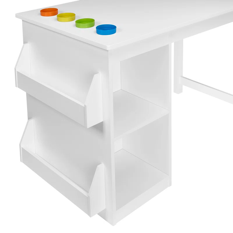 RiverRidge Kids Playroom Art Activity Table with 2 Cubbies and 2 Bookracks - White with 2 Chairs for Playroom, Nursery, and Daycare