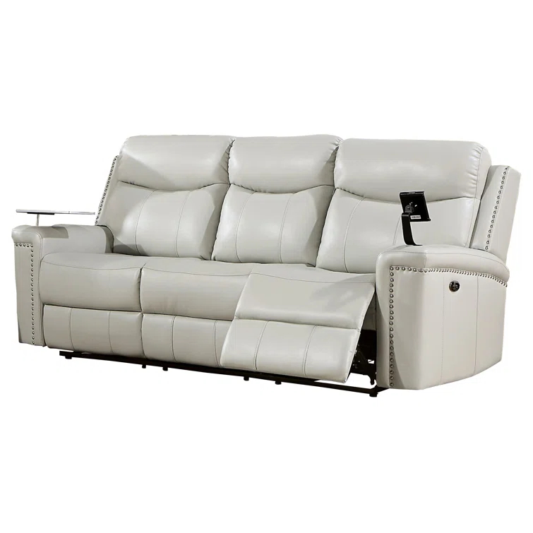 Benjara Flo 87 Inch Power Recliner Sofa, USB, Nailhead, Faux Leather, Light Gray | Wayfair