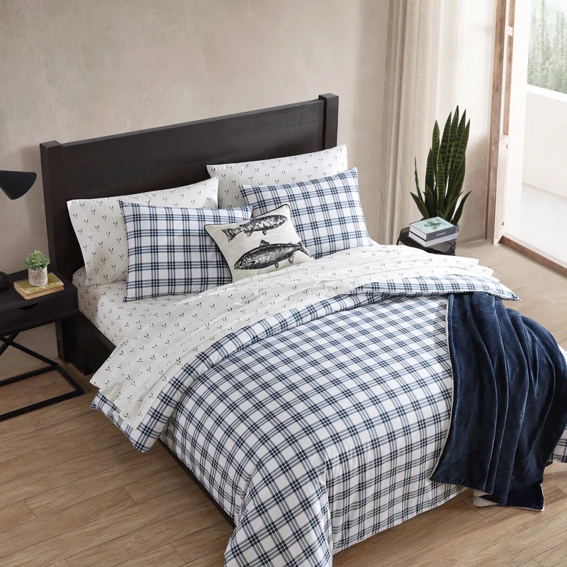 Eddie Bauer Eddie Bauer Basic Plaid Navy Cotton Percale Duvet Cover Set