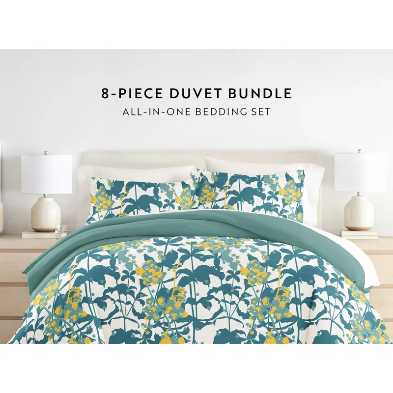 8-Piece Reversible Bedding Bundle - Patterned Duvet Cover, Comforter Insert and Solid Sheet Set